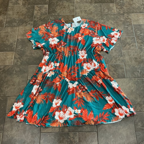 🔥3/$42 w FREE SHIPPING🔥 Floral ladies Dress in Teal and Orange - Picture 1 of 6